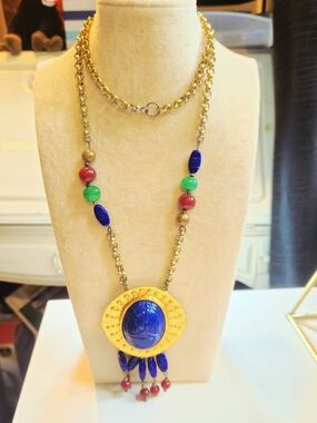 Vintage,Gold-Tone Necklace with Blue Pendant and Red & Green Accent Beads